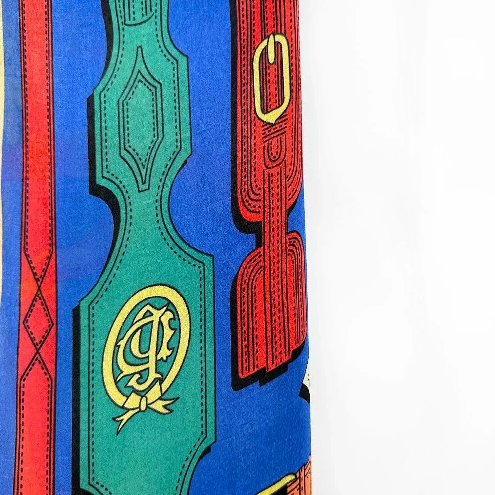 Vintage Multicolor Blue Cream Hermes Style Printed Oversized Silky Wrap Scarf - Picture 3 of 4